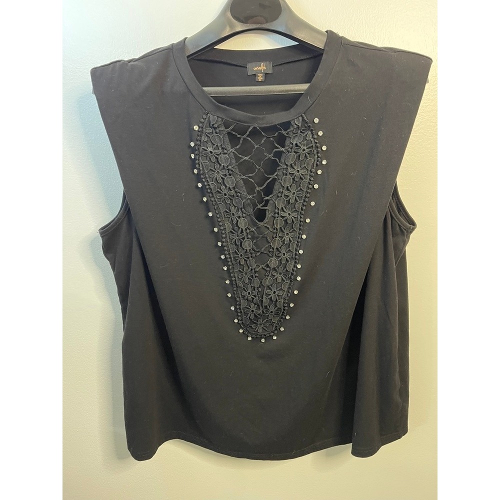 Ontwelfth Womens 3X Black Lace Mesh Rhinestone Shoulder Pad Sleeveless Top